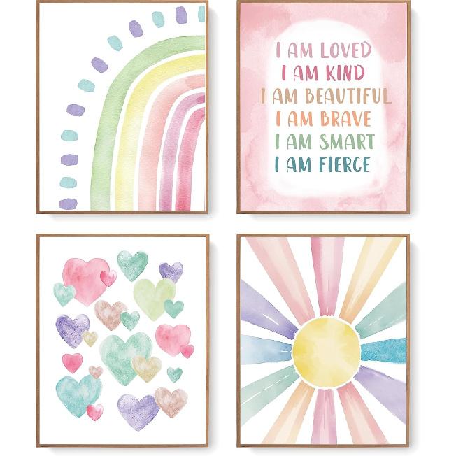 LARTSFRO Boho Pastel Rainbow Sunshine pirational Nursery Wall Art Prints Set of 4, Baby Girl Room Decor, Positive Affirmations Artwork Posters Wall