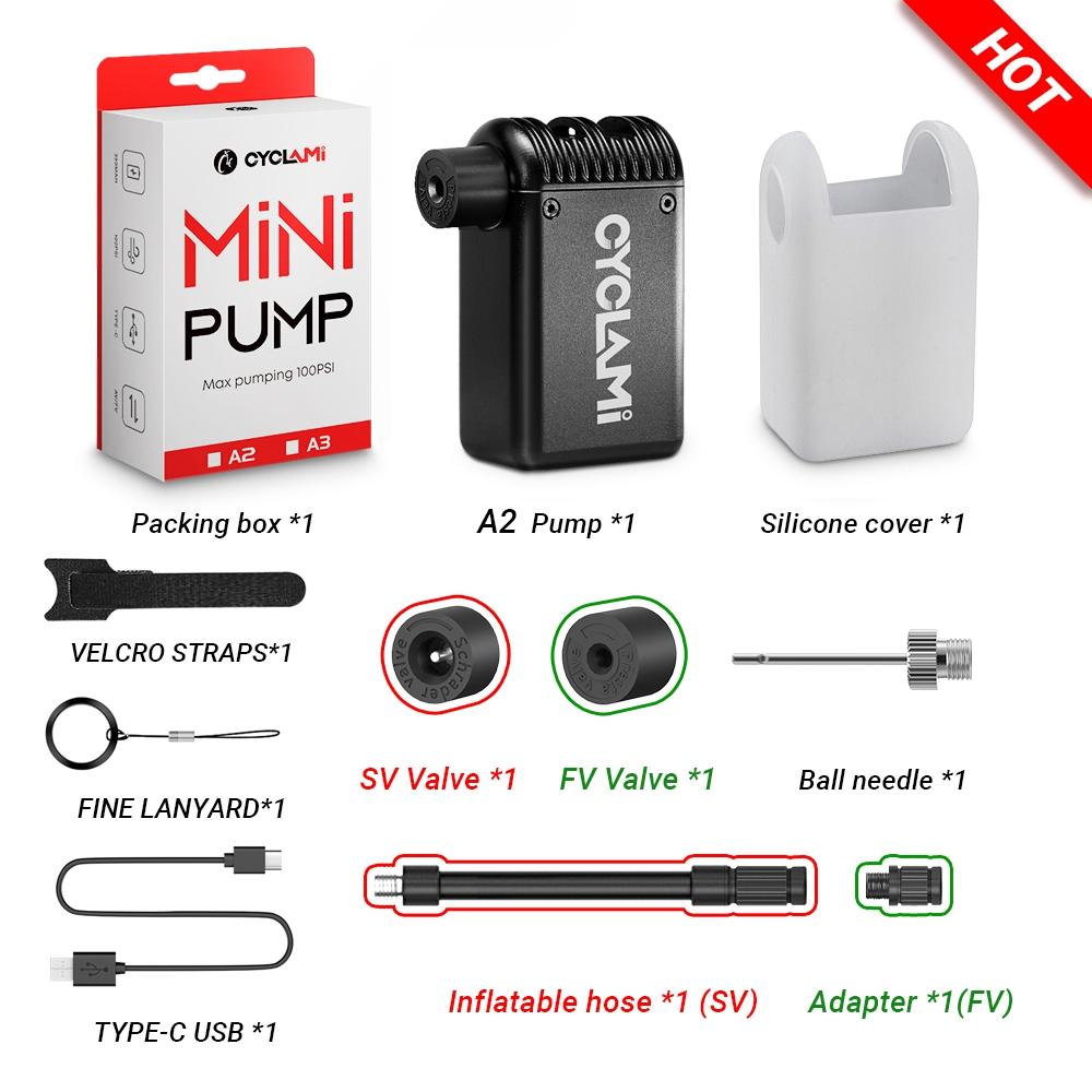CYCLAMI Mini Plus Portable Pump for Bicycle Cordless Air Inflator Presta Schrader Valve Outdoor MTB Bike Accessories 100PSI A2 A2