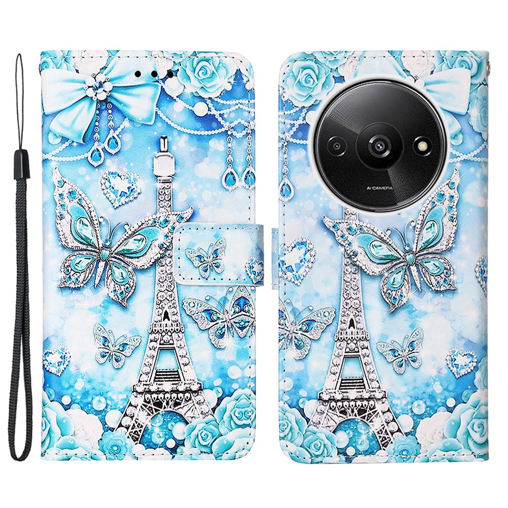 For Xiaomi Redmi A3/Poco C61 4G Leather Case with Strap and Card Holder Pattern Printing Phone Stand Cover