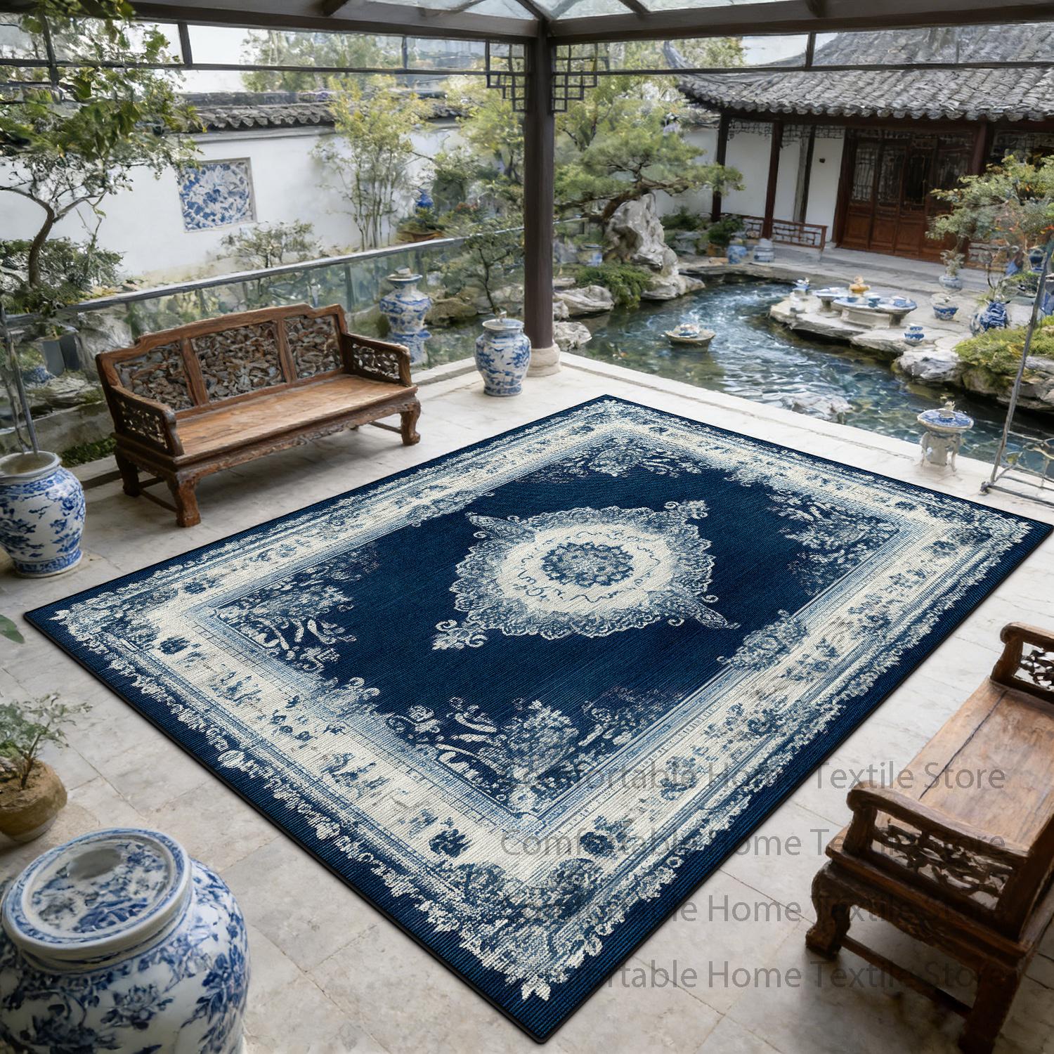 

Blue Classic Persian Style Soft Courtyard Carpet Decoration Living Room Antiskid Luxury Rug Large Size Easy Cleaning Floor Mats 60x90cm