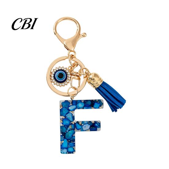 Portable Key Organizer Blue Series Keychain Pendant, Initial Letter Charm Chain with Eyes Tassel Design, A-Z Holder for Bags Backpacks Cars