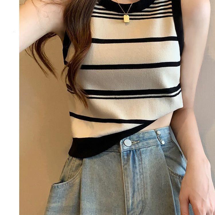 Women's Contrast Knit Striped Off-Shoulder Camisole: Trendy French Slim-Fit Sleeveless Summer Top