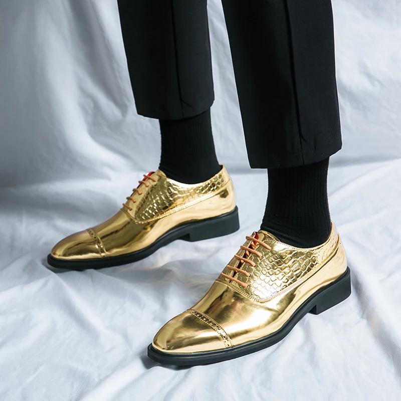 Luxury Designer Pointed Gold Black Brogue Oxford Leather Shoes for Men Formal Wedding Prom Dress Shoes Men Man Homecoming