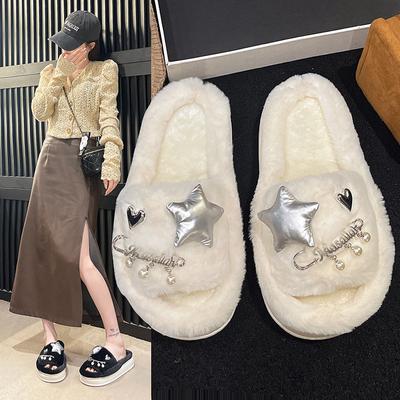 Fashion Winter New Women's Home Solid Color Love Star Pearl Pin Decorated Fluffy Furry Cotton Slippers