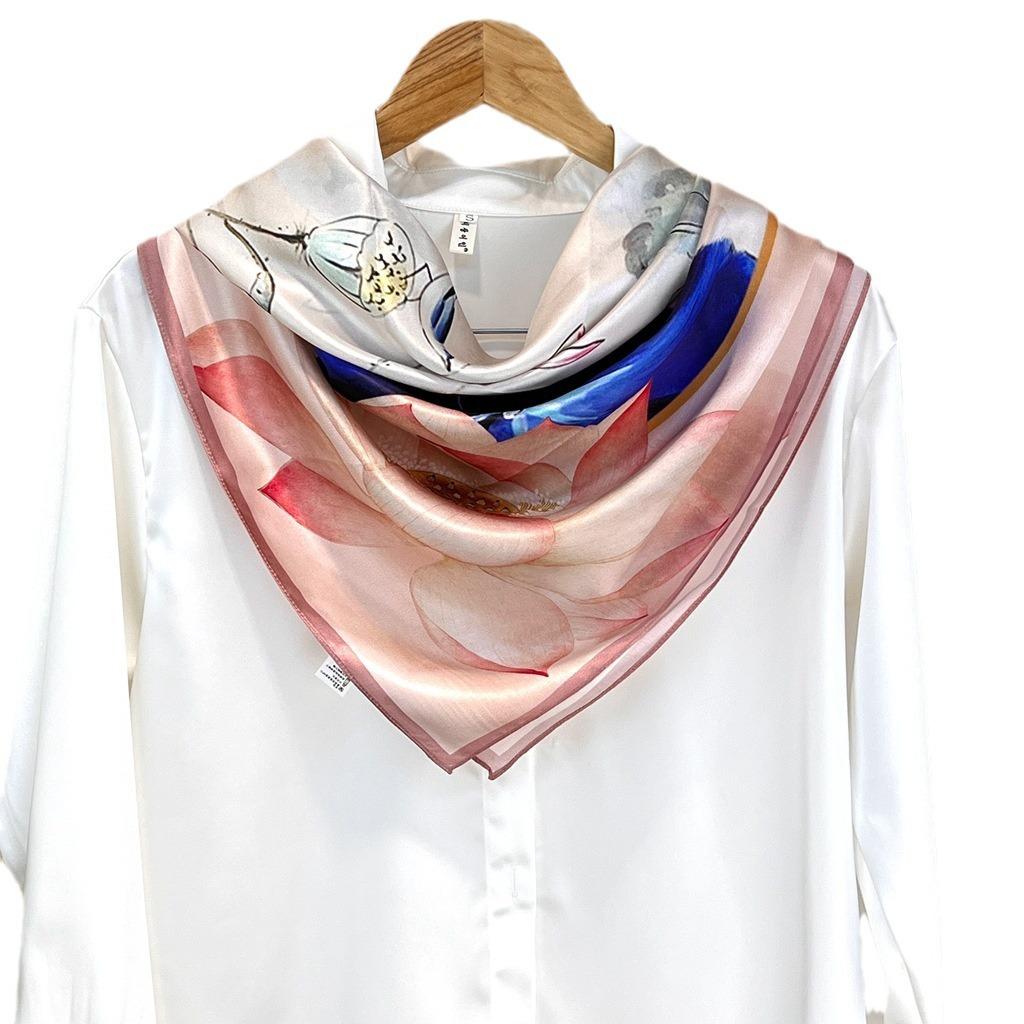 Silk Scarf, National Style Poetic Lotus 100% Mulberry Silk Silk Scarf, Spring And Autumn Versatile Scarf 90 Square Scarf