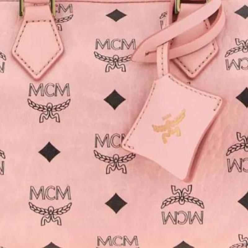 MCM Visetos Pink Leather Boston Handbag with Gold Hardware for Daily & Travel U