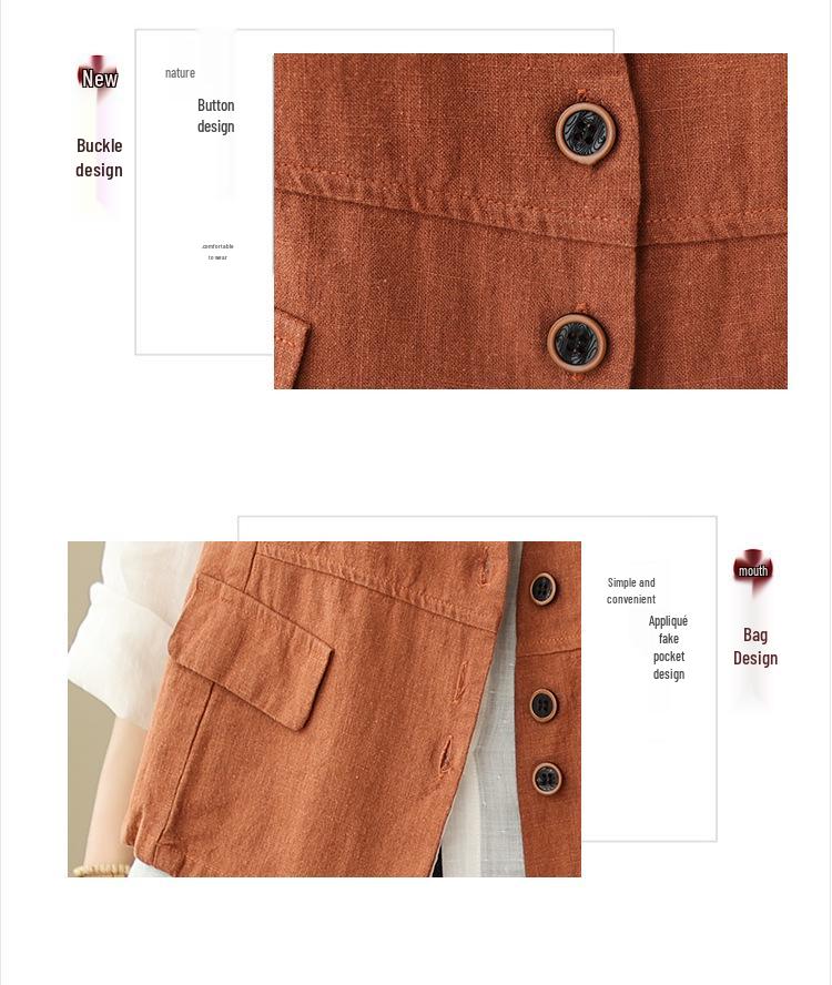 Women's 2026 Spring Retro Distressed V-Neck Button Vest, Short Artistic Cotton Linen Waistcoat, Solid Color Outerwear.
