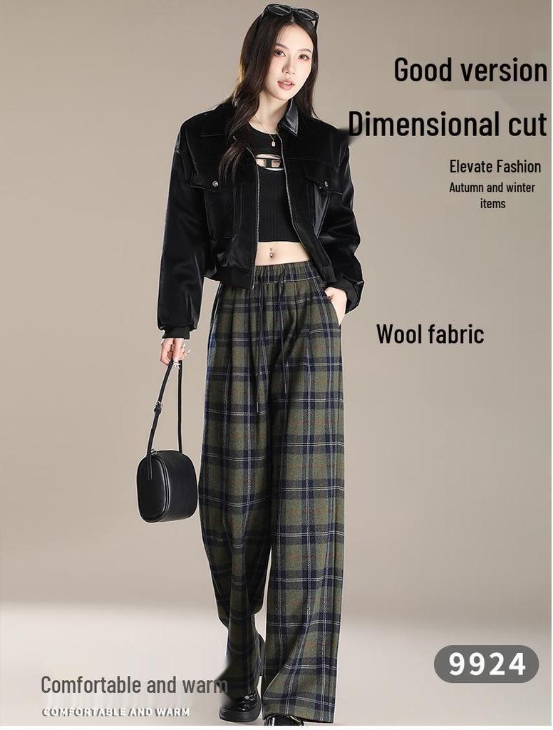 Women's Retro Wool Plaid Velvet-Lined Wide-Leg Pants