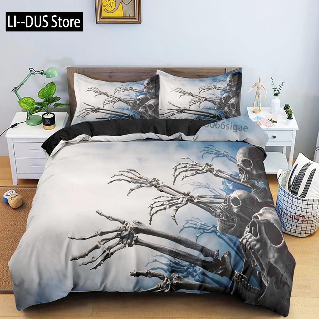 White And Black Skull Gothic Duvet Cover Skeletal Bedding Set Quilt Cover With Zipper Closure Queen Size Comforter Sets Decor