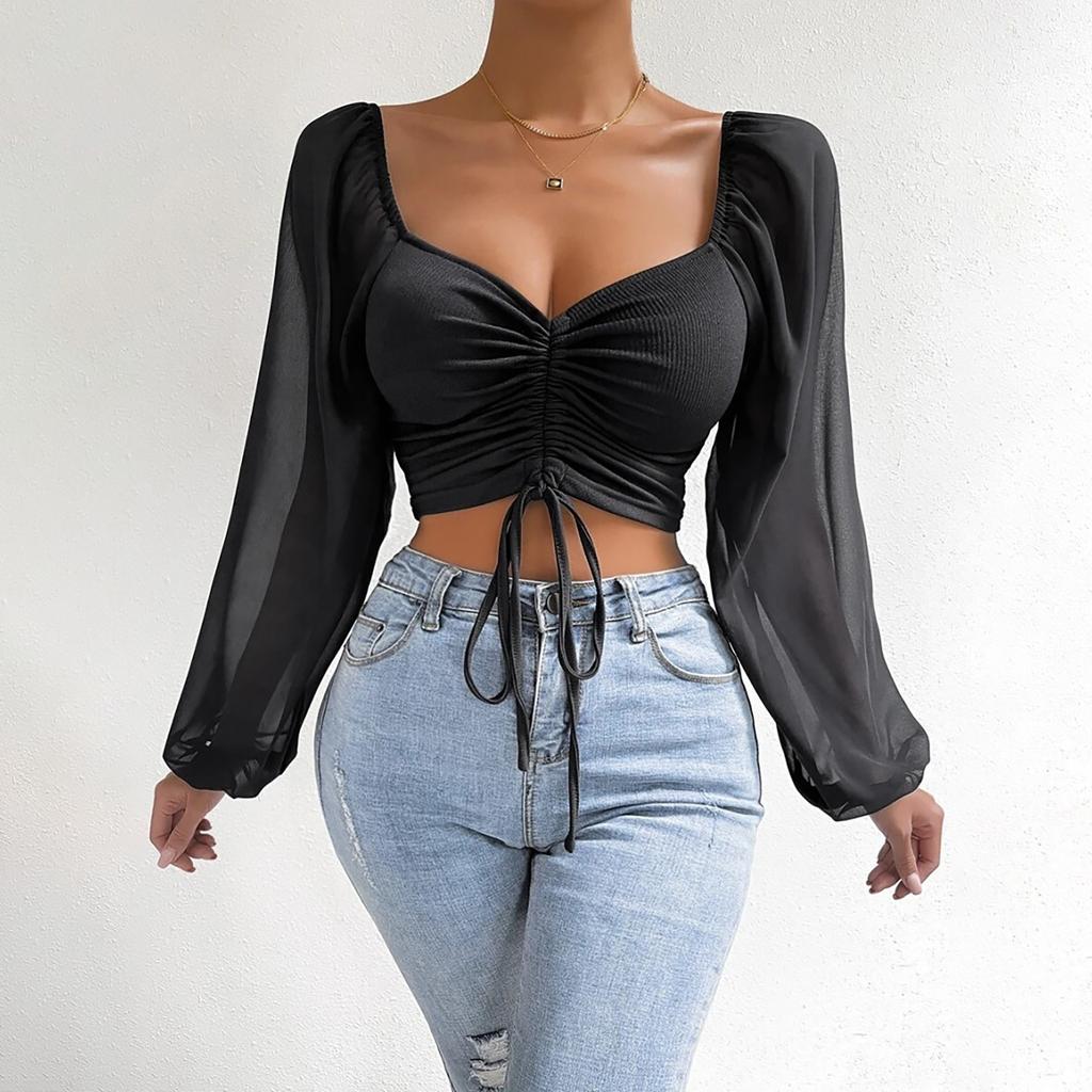 Ladies Casual Solid Color Square Neck Pullover Mesh Splicing Sexy Fashion Top