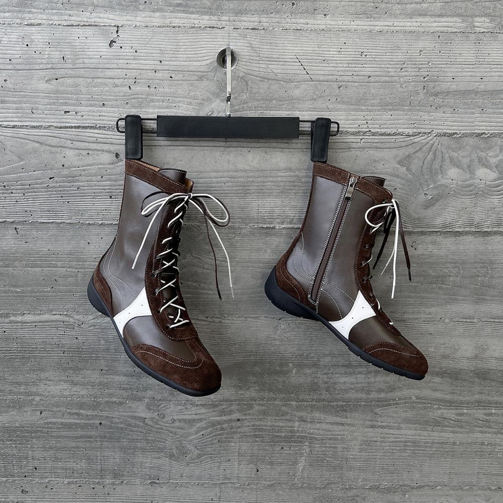 Cowhide version~ inner height increase 5cm retro Martin boots women's small short boots sports style boots high top German training shoes boxing boots