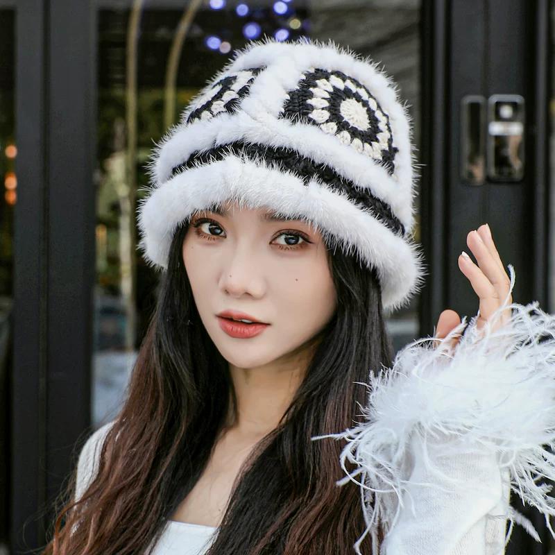 Winter Mink Hair Lion Hat Female Cute Fashion Plush Knitted Hat Tiger Head Fur Hat Bucket Hat
