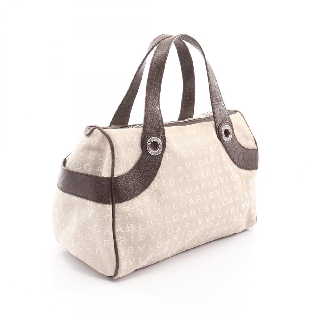 Used BVLGARI Logo Mania Handbag Canvas Leather Beige Brown Used Women