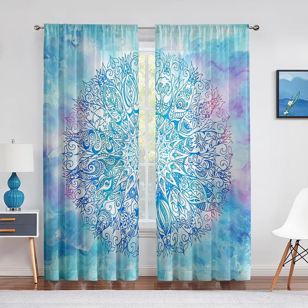 Mandala-Vorhang mit farbenfrohen Blumenmustern, durchsichtiger Voile-Vorhang, Blumen, Bohemian-Boho-Fenster-Tüllvorhänge für Wohnzimmer, Schlafzimmer, Küchendekor