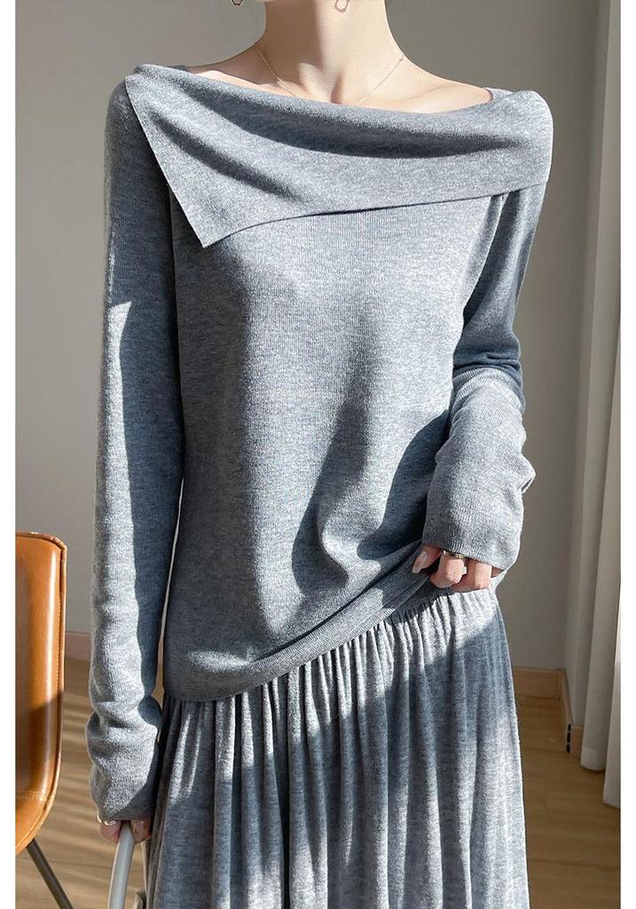Women's One-Shoulder Irregular Long-Sleeve Knit Top - Spring/Summer, French-Inspired, Imitation Wool, High-Quality.