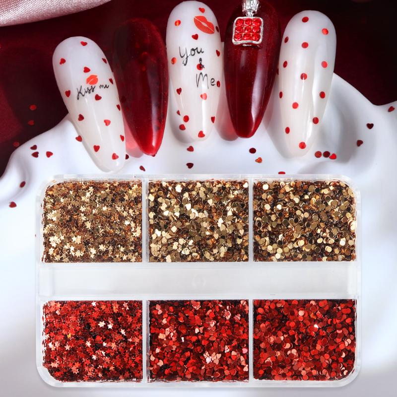 6 Grids Cute Heart Glitter Nail Sequins Kawaii Mini Golden Red Laser Love Round Nail Flake Korean Star Diy Nail Charm Supplies