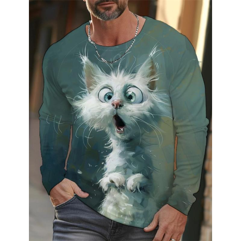 Spring and Autumn Round Neck 3D Printed Funny Animal Pattern Top Fashionable Casual Long Sleeved Men's T-shirts