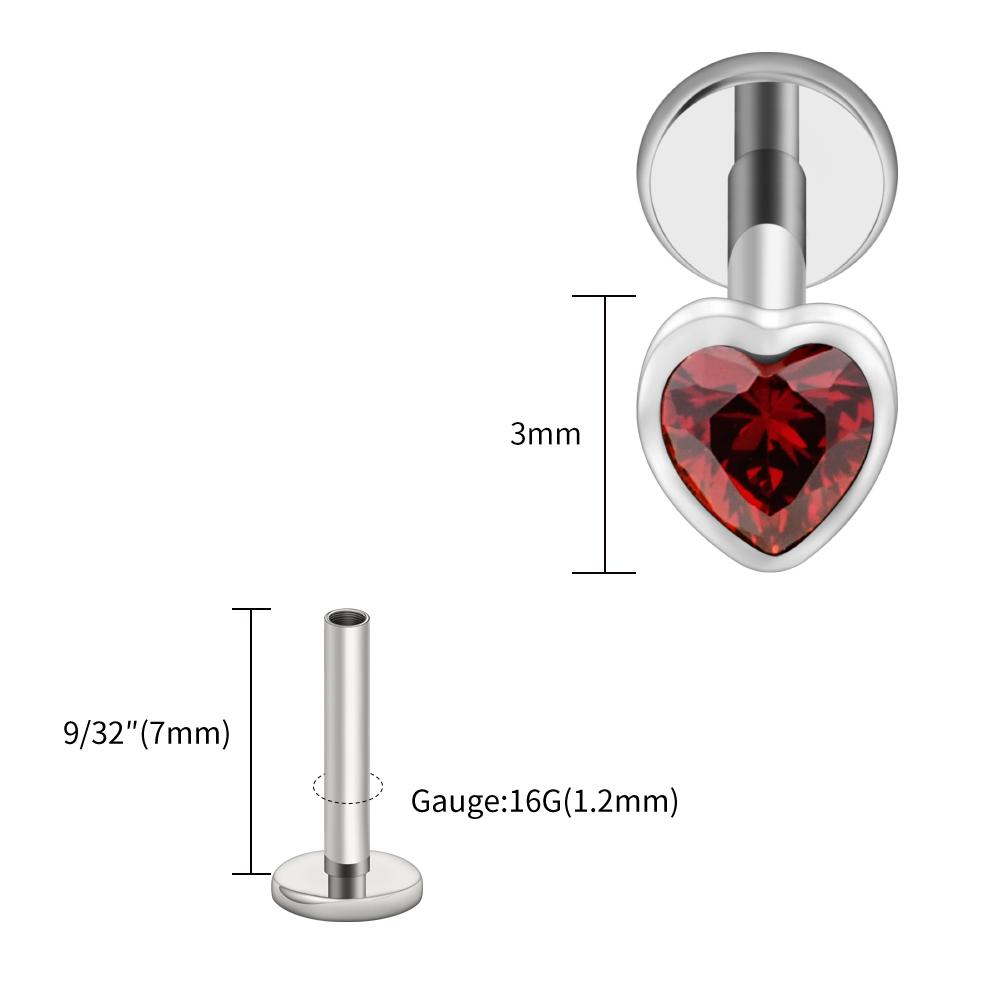 Right Grand ASTM F136 Titanium Heart Shaped CZ Flat Back Labret Stud 16G Garnet Cartilage Helix Ear Piercing Halloween Jewelry