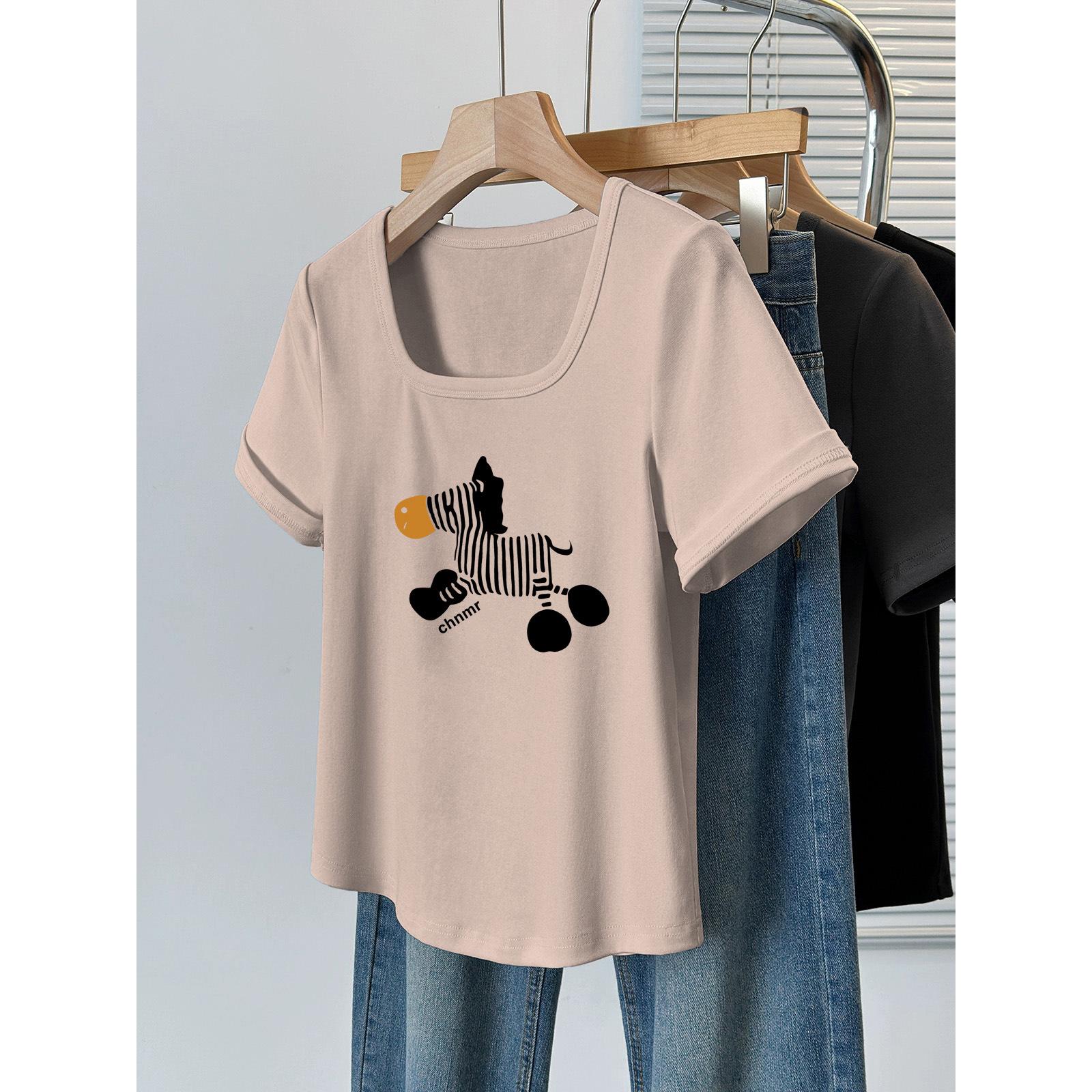 

Large size women s clothing front shoulder square u neck short-sleeved T-shirt summer new American fat mm thin meat cover Spice Girl short top M [80-60kg]
