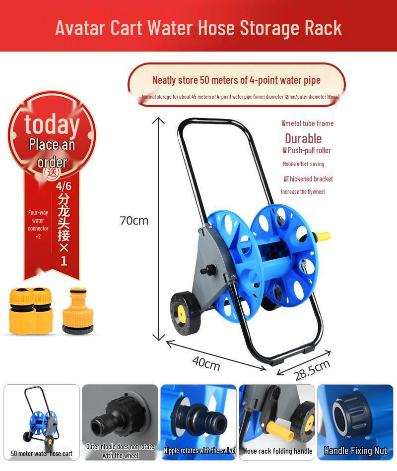 30m Water Hose Reel Cart & Garden Water Gun with 4-Point Storage Rack