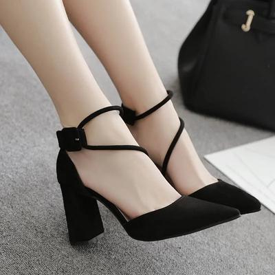 Zwarte Puntige Dikke Hak Hoge Hakken Vrouwelijk 2025 Lente Nieuw Suède Middelhoge Hak Sandalen met Bandjes Koreaans Veelzijdige Dames Schoenen Pumps