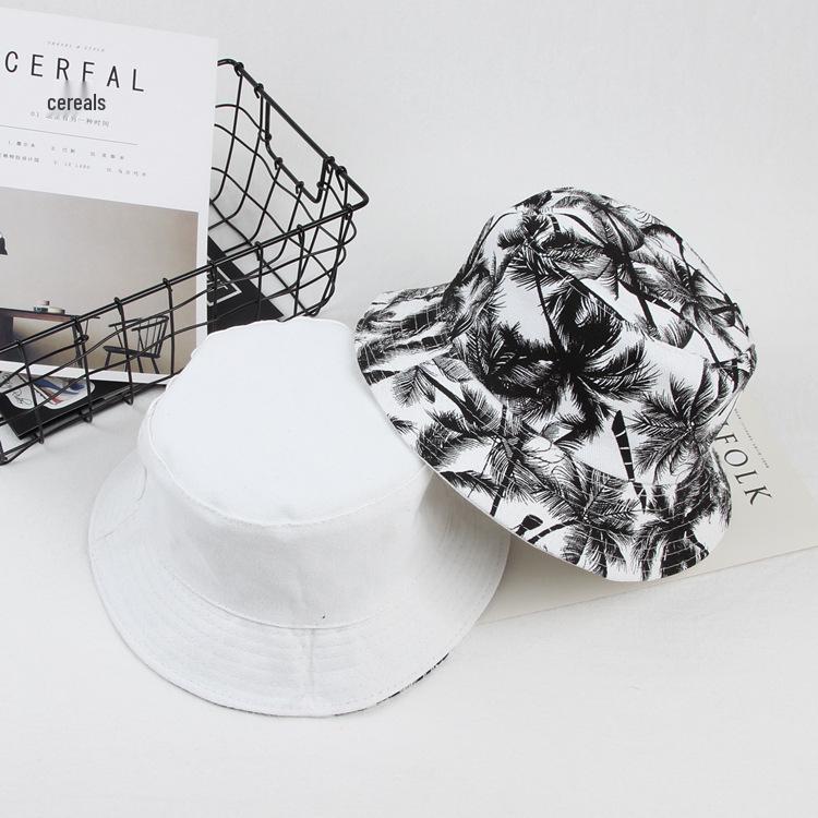 Retro Black & White Coconut Tree Unisex Double-Sided Bucket Hat - Sun Protection Casual Wear