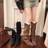 Fashion 2025 Fashion Design Black Pleated Women Knee High Boot Suede Autumn Winter Pointed Toe Square Heels Party Shoes Zapatos De Mujer