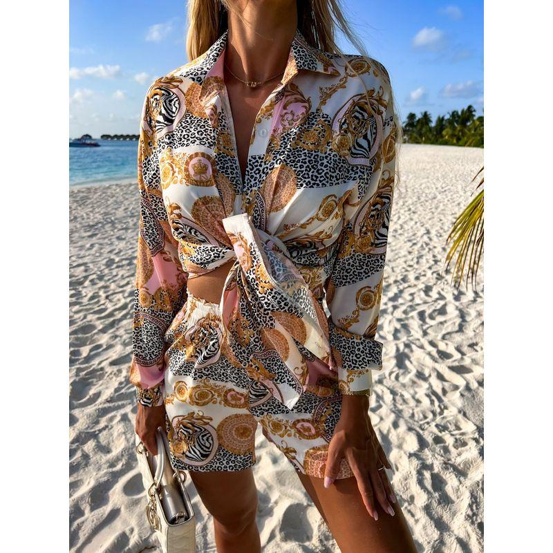 

Leopard Print Print Sanya Beach Suit Long Sleeves Shirt Pink S