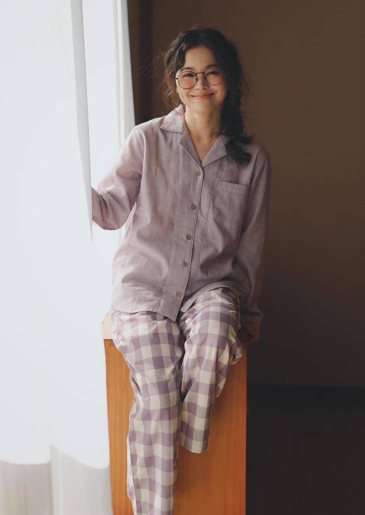 Euyqs Cotton Double Gauze Pair Light Purple Women's Pajamas, Loungewear, (JP, Alphabet, 2XL, Check)