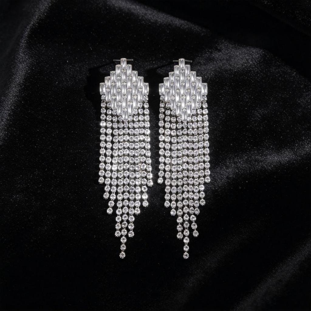 Silver Needle Zirconia Diamond Rhombus Tassel Earrings – Elegant and Fashionable Stud Earrings