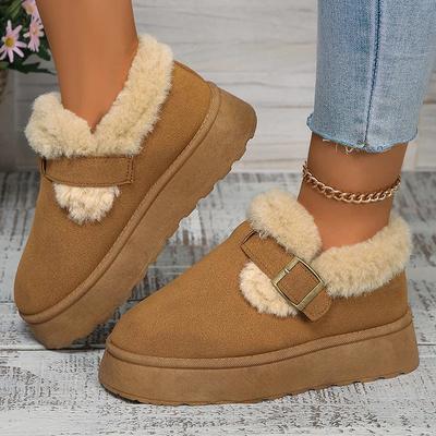 Autumn Winter Women Plush Snow Boots Shallow Buckle Thick Bottom Warm Boots Big Size 43 Suede Fur Flat Platform Cotton Shoes