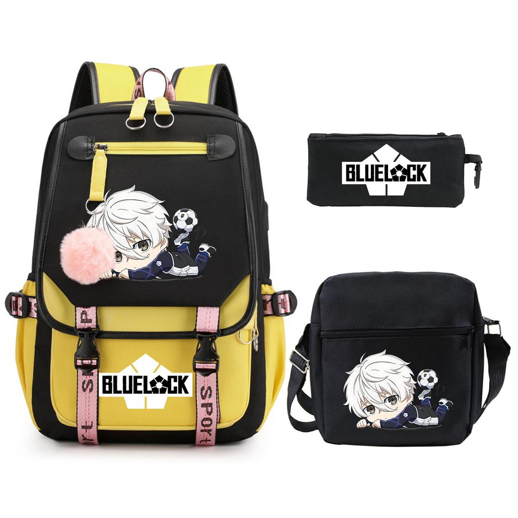 Blue Prison Student School Bag Large Capacity Children'S Shoulder Bag Casual Pencil Bag Set