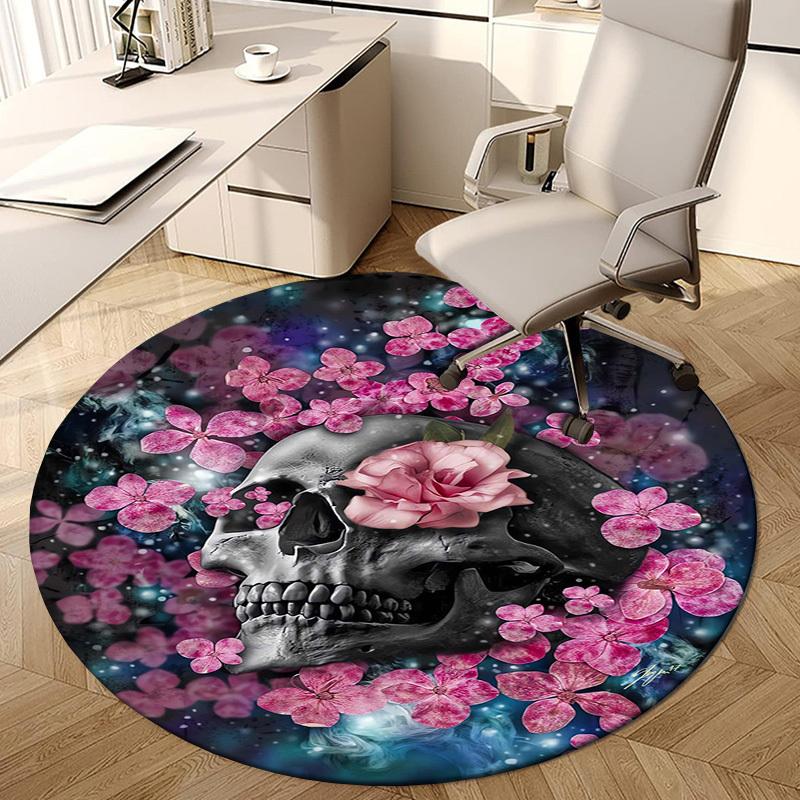 1pc Office Carpet Chair Mats Skull with Pink Flowers Circular Artwork Perfect for Decorating Office Chairss, Or Bedrooms.YDT482
