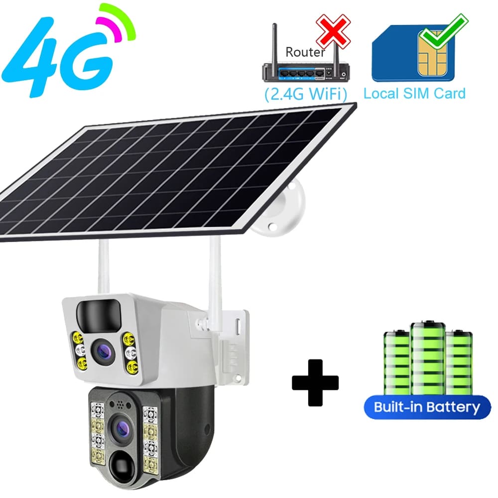 Kamera słoneczna 4K Karta SIM 4G WiFi Podwójny obiektyw 8MP HD Wizja nocna IP CCTV Nadzór PTZ PIR Wykrywanie ludzi Alarm Bezpieczeństwo Wodoodporny