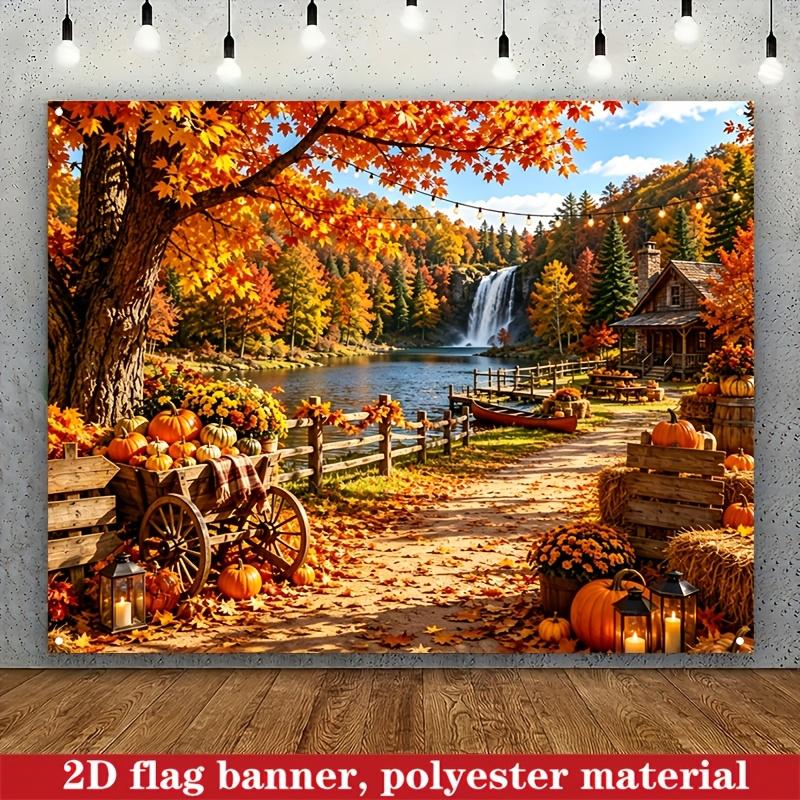 2D planar printing autumn harvest landscape background fabric - maple leaves pumpkin wooden house waterfallzyc