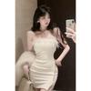 Trendy Brand Design Patchwork Fuzzy Strapless Dress for Women, New Summer Pure and Alluring Style, Slimming Slimming Pencil Skirt