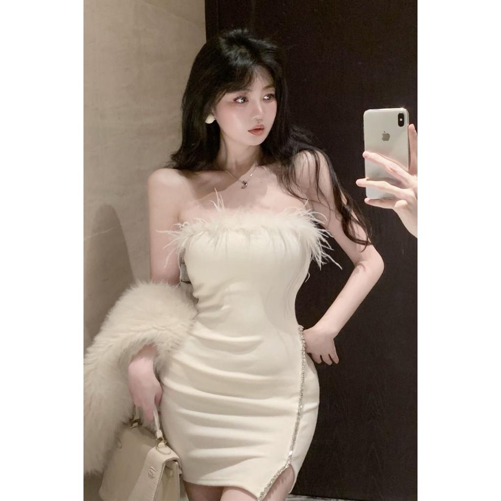 Trendy Brand Design Patchwork Fuzzy Strapless Dress for Women, New Summer Pure and Alluring Style, Slimming Slimming Pencil Skirt