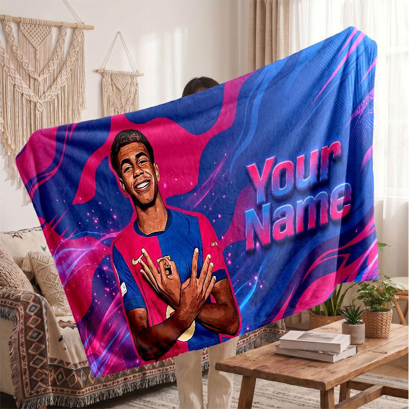 Coperta in pile personalizzata Lamine Yamal con logo del calcio, testo con nome personalizzato, morbida, calda, coperta da divano per la casa