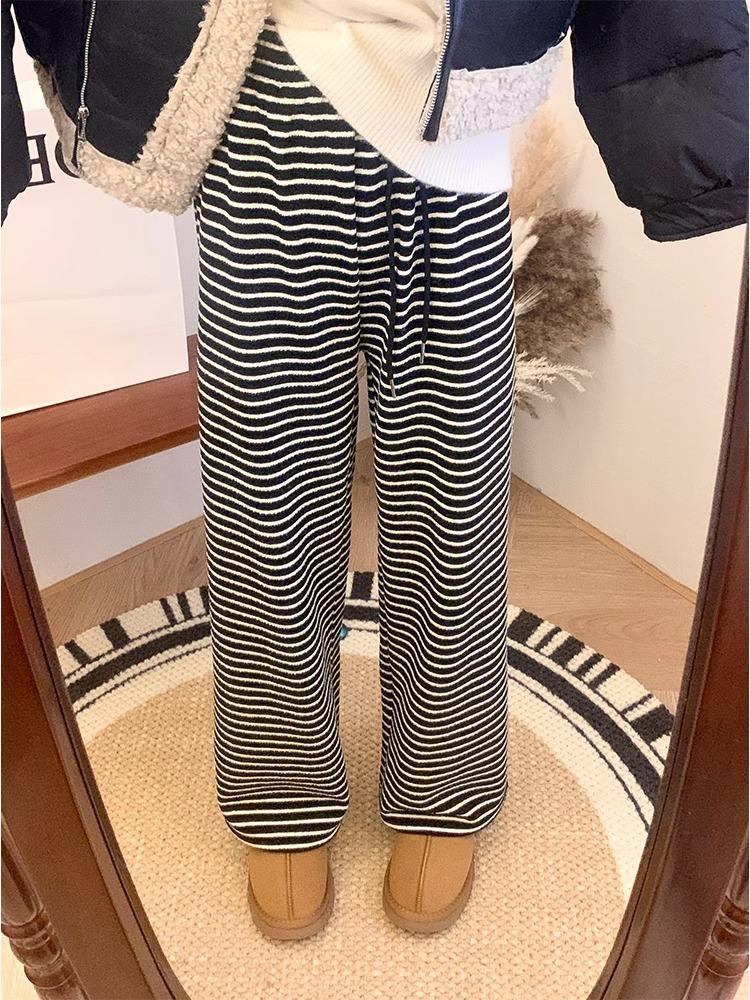 Retro Striped Wide-Leg Floor-Length Pants: 145cm Petite Fit for Women