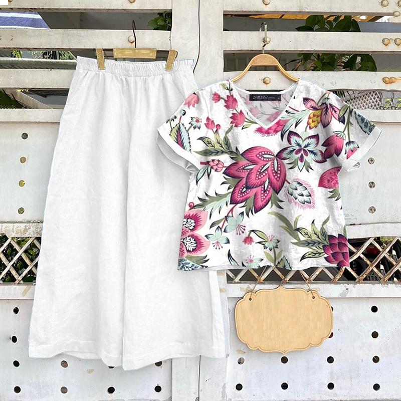 ZANZEA Women Vintage Elastic Waist Printed V-Neck Short-Sleeved Tops Pants Two Piece Sets