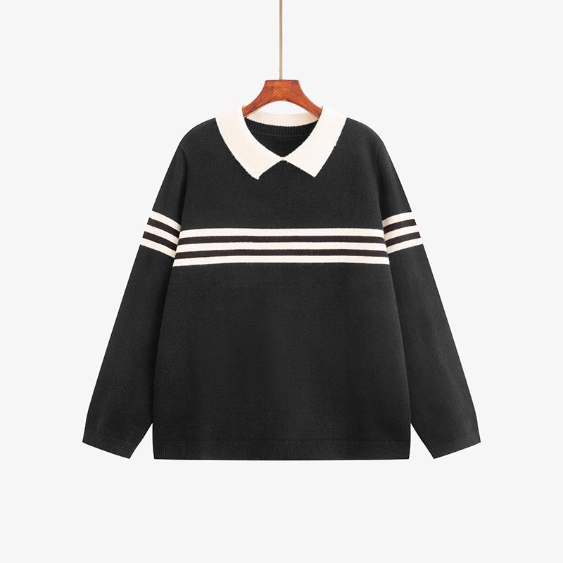 Plus Size Women s Color Block Polo Neck Stripe Sweater - Winter 2025 Casual Loose Knitwear 2XL (80-100 kg) чёрный