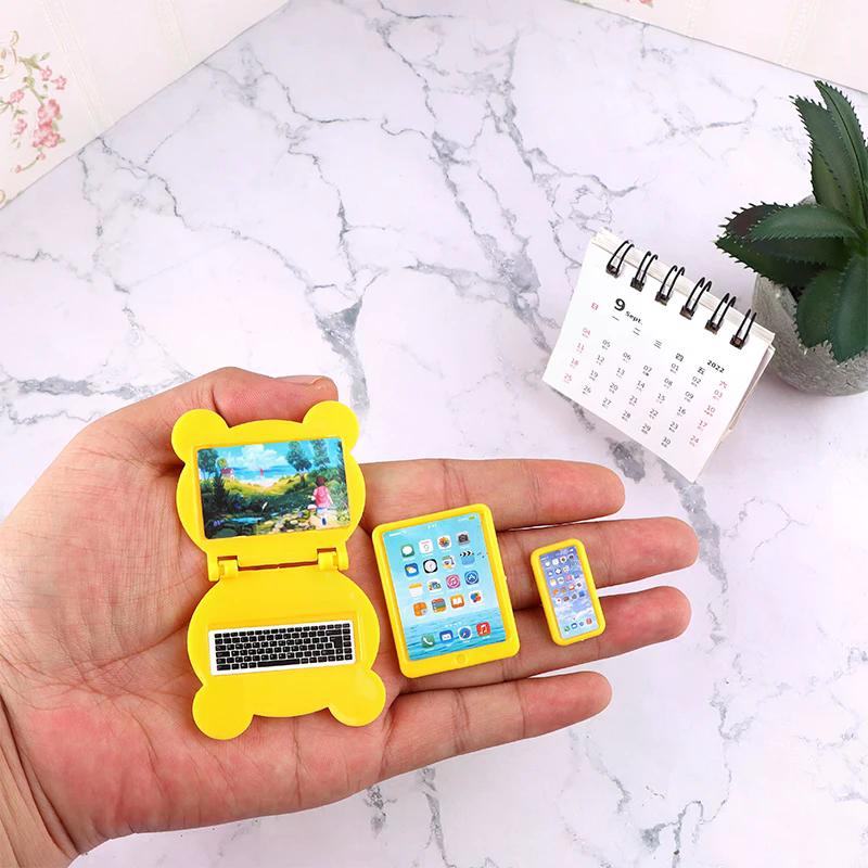 3pc/Set 1:12 Dollhouse Miniature Folding Laptop Model Computer Tablet Phone Set Doll House Office Scene Home Decor Toy