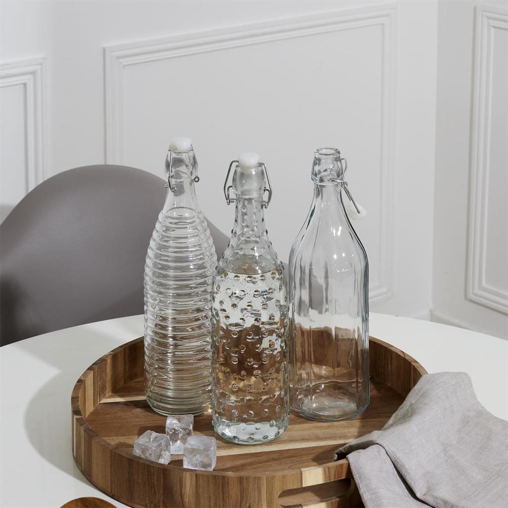 1L Glass Bottle, Smooth Design, With Clip-On Cap