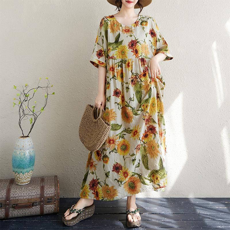 DIMANAF 2025 Summer Plus Size Long Dress Basic Women Casual Loose Vintage Flower New Printing Beach Dress Maxi