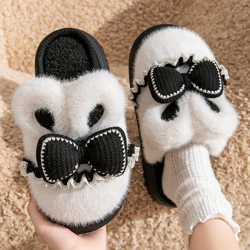 New Winter Thick Plush Bow Cotton Slippers Home Indoor Warm Non-slip Cute Couple Cotton Shoes