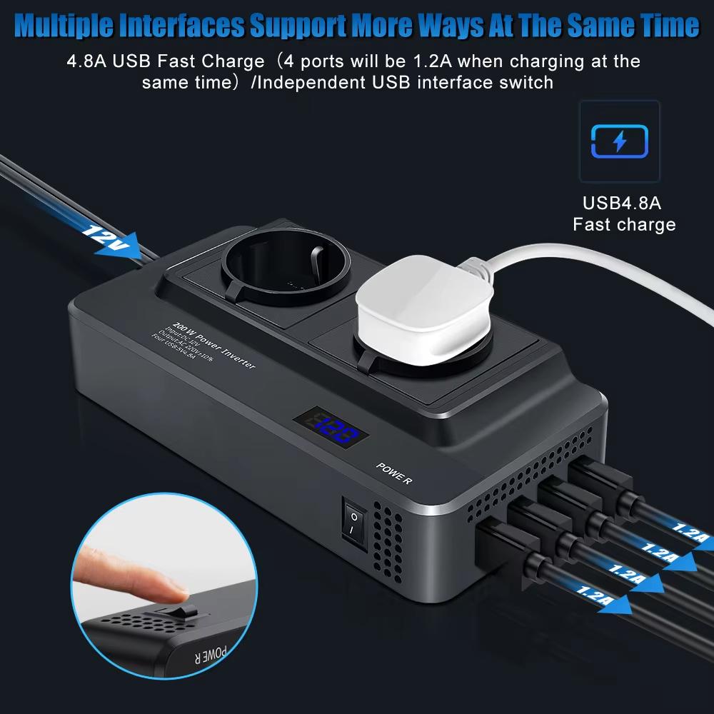 12V To 220V Converter Digital Display 200W Car Power Inverter with Dual EU Sockets and 4 USB Ports