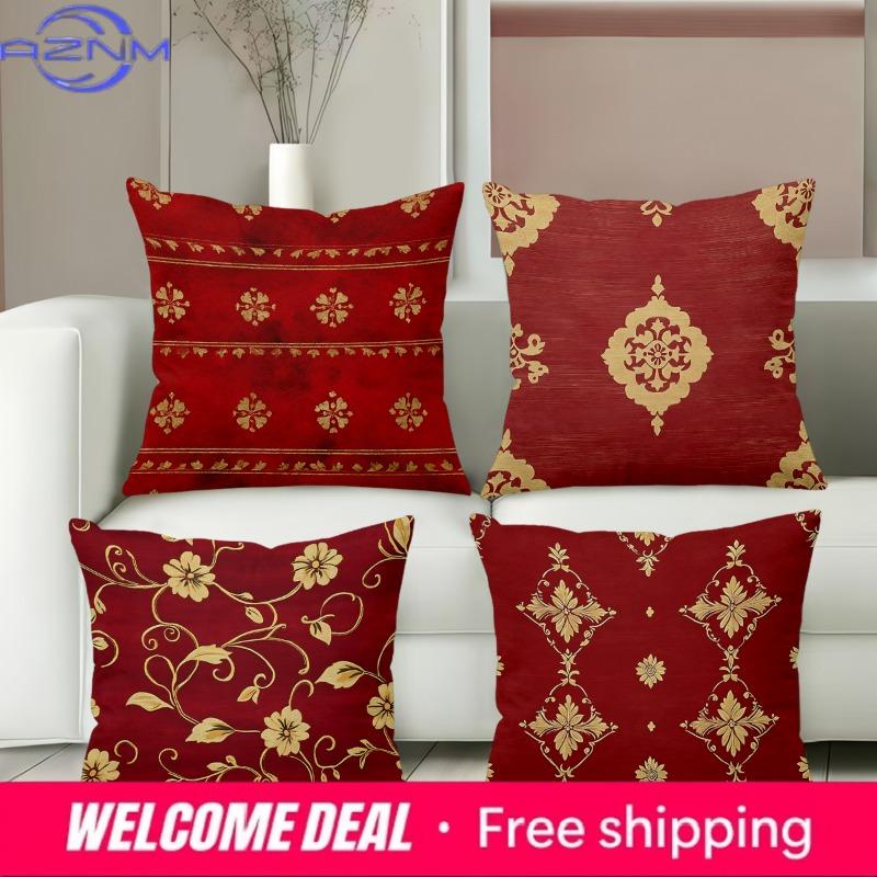 Shunika Chen Unisex Red/Gold Throw Pillows With Floral Ornamental Patterns Polyester Pillowcase, Sofa Decorative Cushion Cov Headboard Pillow