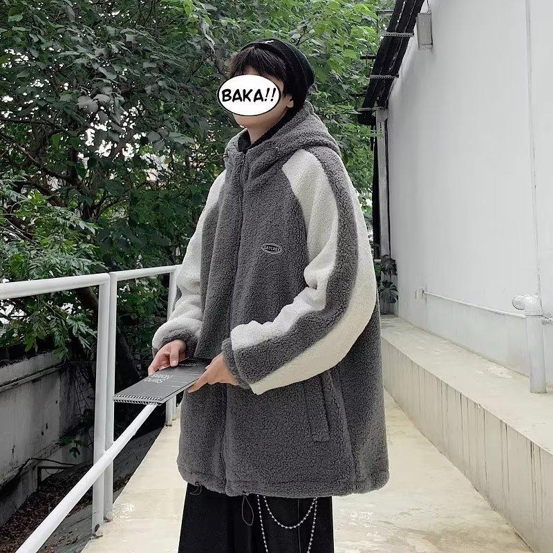 Men's Winter Sherpa Fleece Hooded Jacket - Korean Style Color Block Lambswool Patchwork