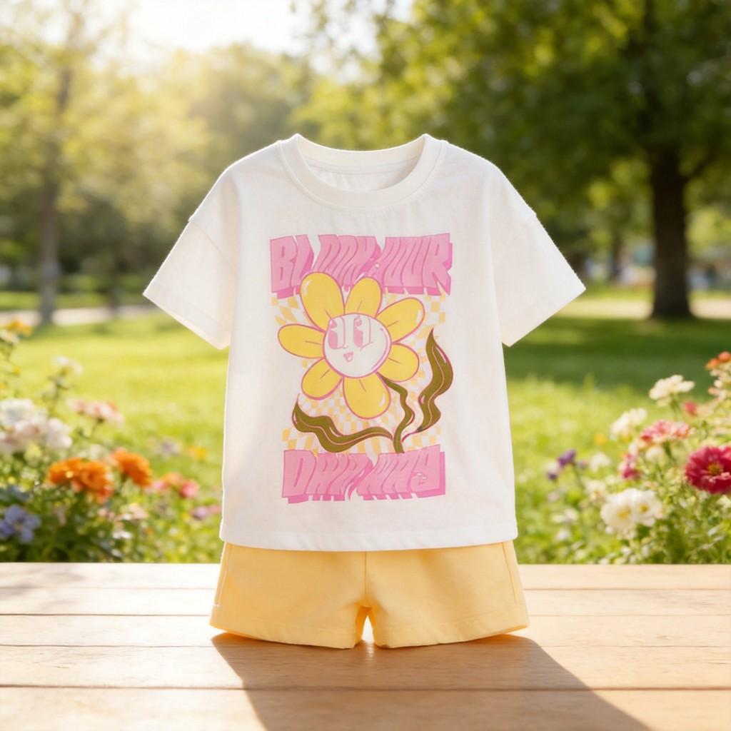 Cute Girl Summer Outfit Set With Cotton Fabric For Ages 3 To 8 Years