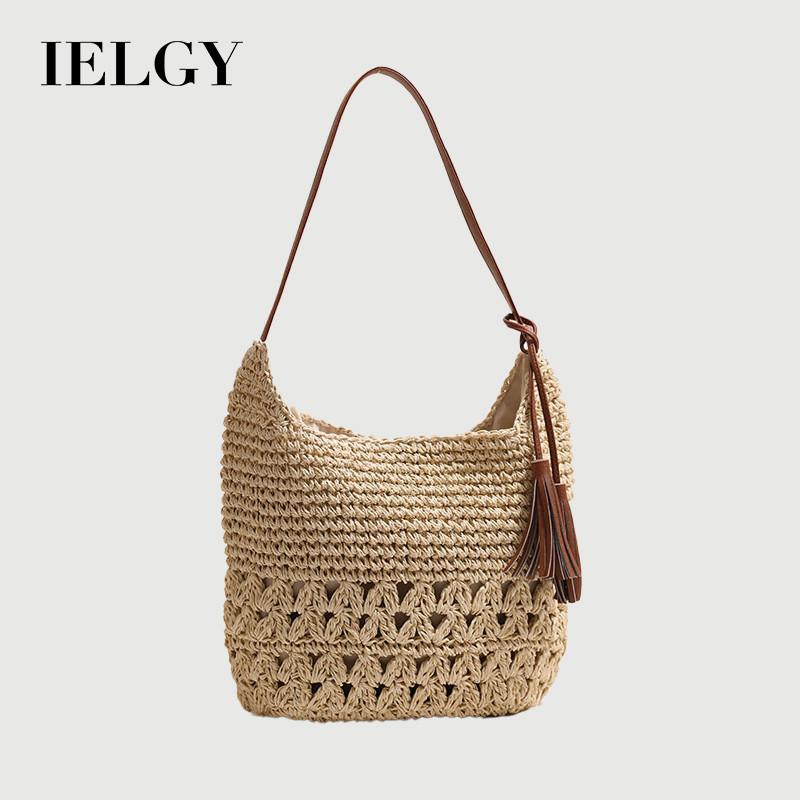 IELGY Hollow Straw Bag Tassel Woven Seaside Vacation Beach Bag Leisure